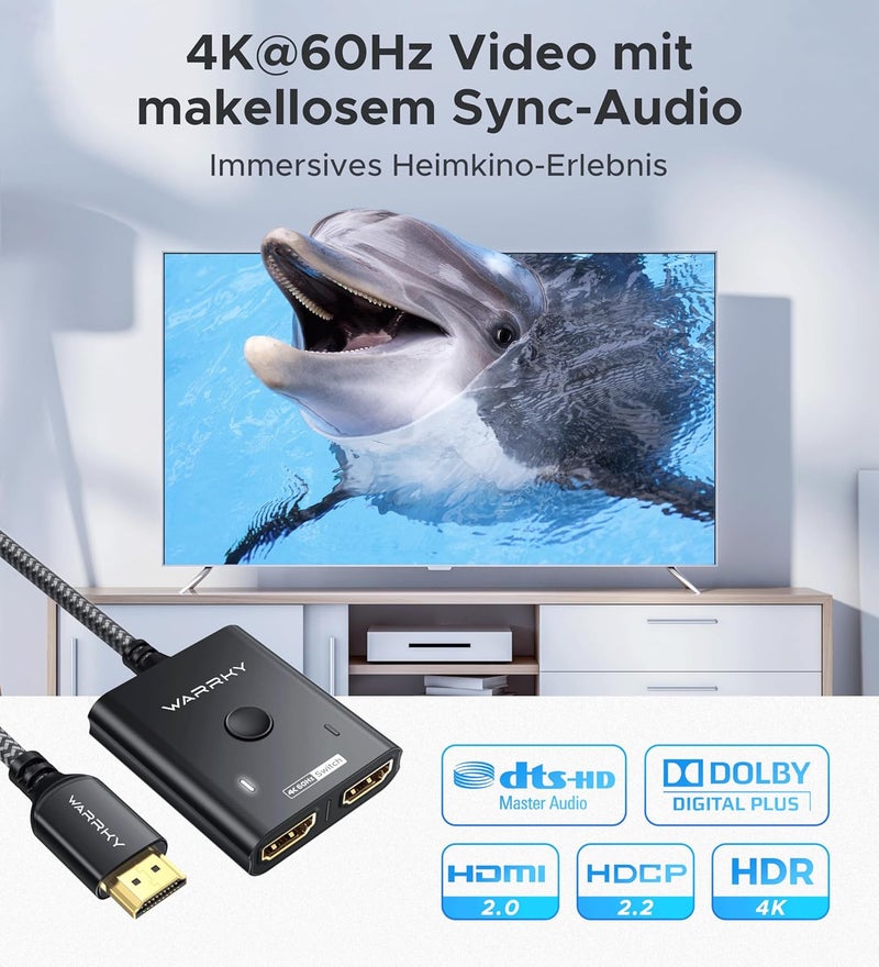 Warrky HDMI Switch 2 in 1 Out 4K@60Hz, [3.3ft Fixed Braided HDMI Cable, Aluminum Case, HDCP 2.2] Bidirectional 2x1 Switcher (Not Splitter) Compatible for PS5/4, Nintendo Switch, FireStick – Black - Image 2